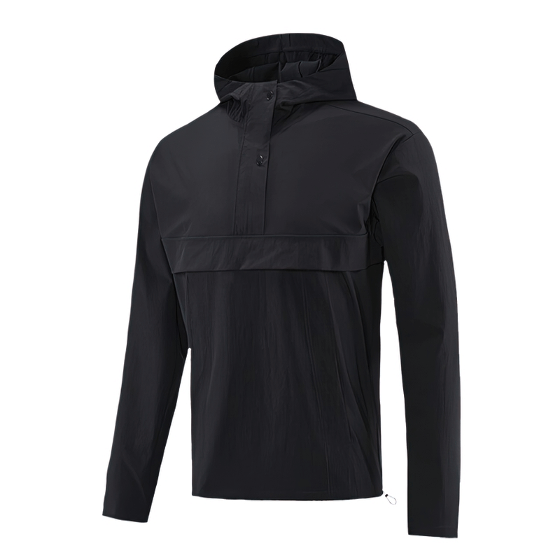Men's windproof waterproof sports sweatshirt with hood SF0891 for training in black, designed for weather protection and comfort.